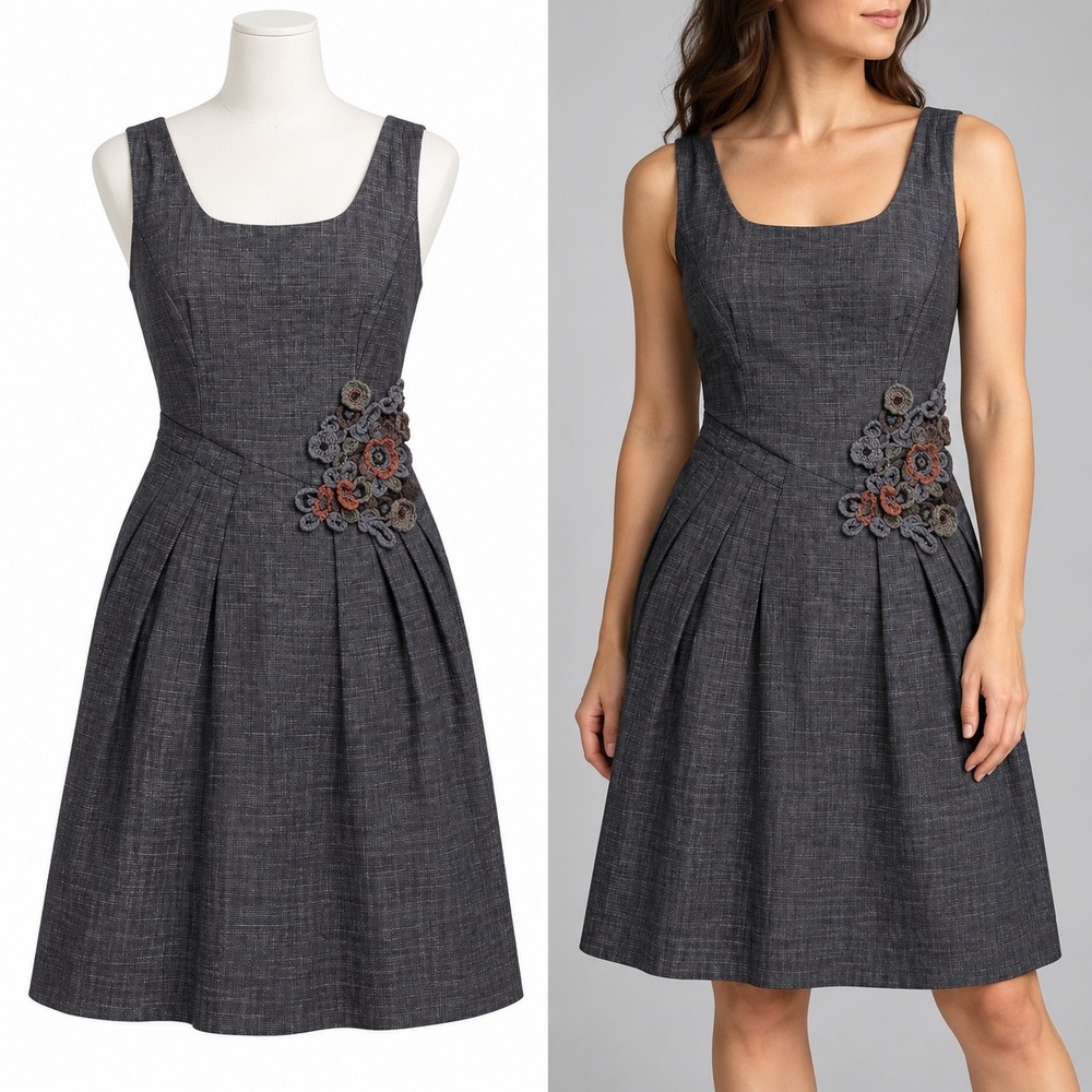 Tabitha Anthropologie Dress Womens 2 Gray Floral Crochet Fit & Flare Sleeveless